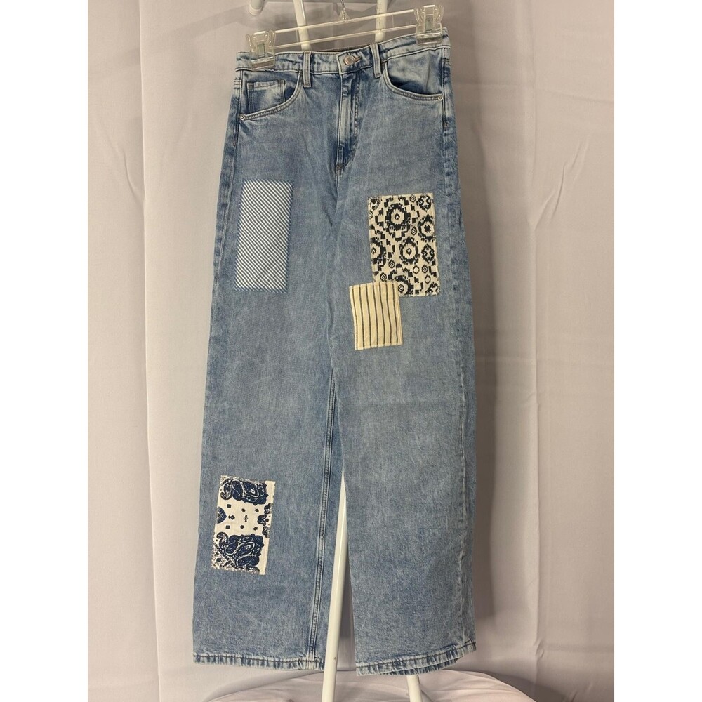 H&M Girls Size 14 Wide Leg High Waist Patchwork Jeans Light Wash Denim